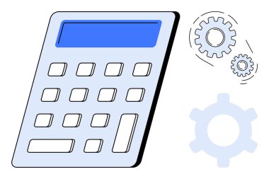 Analiz, hassasiyet, koordinasyon, finans ve üretkenliği temsil eden hareket eden dişlilerin yanında mavi ekranlı bir hesap makinesi. Matematik, muhasebe, otomasyon, strateji planlaması için ideal