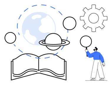 Açık kitap, gezegen şemaları ve vites tasarımı. Fikirlerle etkileşim halinde olan kişi, öğrenmeyi, yeniliği ve keşfi sembolize eder. Eğitim için ideal, bilim yaratıcılığı keşfi araştırma ekibi çalışması