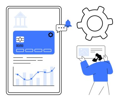 Kredi kartı, grafikler, vites simgesi, tebligat ve tabletle etkileşim halinde olan mobil bankacılık ekranı. Finans, teknoloji, iş, uygulama tasarımı analitik fintech kullanıcı etkileşimi için ideal
