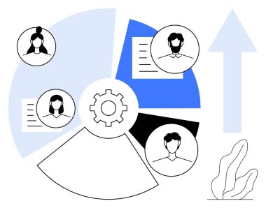 Kullanıcı profilleri, yukarı doğru ok, dokümanlar ve soyut fabrika içeren dişli ve segmentli grafikler. Takım çalışması, iş akışı yönetimi, süreç iyileştirmesi, planlama, kullanıcı profilleri veri eğilimleri için ideal