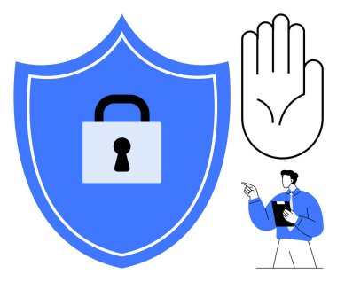 Mavi kalkanda asma kilit, açık el hareketi ve elinde pano tutan bir adam. Güvenlik, gizlilik, siber güvenlik, kurallar, uyarı koruması ve kontrol kavramları için idealdir. Düz basit
