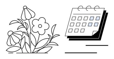 Çiçekler bir takvimin yanında çiçek açarak büyümeyi, mevsimleri, zaman yönetimini ve verimliliği sembolize ediyor. Temalar için ideal, bahçıvanlık, planlama, doğa hedefleri ve yenilenme. Düz