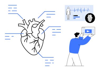 Veri göstergeleriyle insan kalp diyagramı, tablet tutan bir sağlık uzmanı ve EKG görüntüsü. Sağlık eğitimi, anatomi illüstrasyonu, teşhis, kardiyoloji, tıp eğitimi için ideal