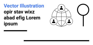 Ağ oluşturmayı, işbirliği yapmayı veya küresel iletişimi sembolize eden bir küresel iletişim ile birbirine bağlı üç kullanıcı simgesi. Bir arama lensi illüstrasyonu içerir. Takım çalışması için ideal, çevrimiçi topluluk, ağ oluşturma