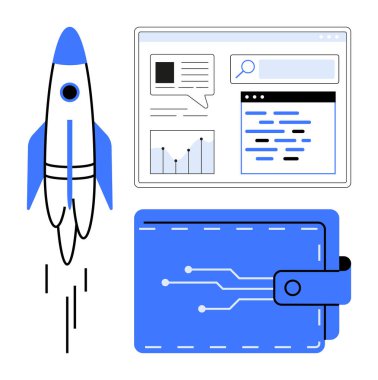 Roket fırlatılışı online bir cüzdan ve analitik gösterge panelinin yanında gelişimi, modern finans ve teknolojiyi vurguluyor. Fintech, inovasyon, girişimler, büyüme, çevrimiçi platformlar için ideal