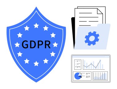 GDPR mesajı ve yıldızlı mavi kalkan, dosyalar ve dişli simgesi olan klasör, veri analiz paneli. Veri koruması, gizlilik politikası, siber güvenlik, düzenleme, uyum, veri yönetimi için ideal