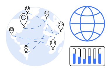 Kesik çizgiler, ızgara stili küre ve çizelge grafikleriyle birbirine bağlı lobutlarla dolu bir dünya. Lojistik, küresel ağ, bağlantı, harita görselleştirme, analitik, basit teknoloji için ideal