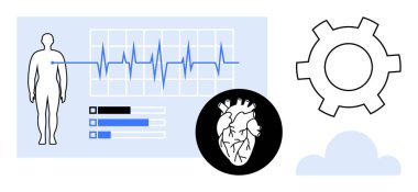 ECG grafiğinin, kalp diyagramının ve teçhizatın yanındaki insan figürü teknoloji ve izlemeyi öneriyor. Sağlık, teknoloji, araştırma, yenilik, teşhis otomasyonu için ideal basit iniş sayfası
