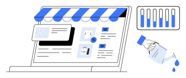 Dizüstü bilgisayarında e-ticaret ürünleri listeleri, büyüme grafiği, iş büyümesi için sulama kutusu var. E-ticaret, dijital pazarlama, analitik, satış büyümesi, iş stratejisi, girişimler için ideal