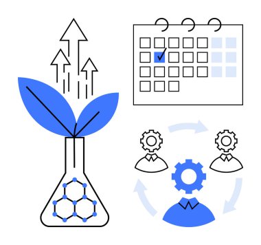 Bitkili cam matara büyümeyi ve yeniliği simgeler, oklar ilerlemeyi, takvim işaretleri planlamasını ve dişli dairesel süreç de takım çalışmasını simgeler. Bilim için ideal, üretkenlik, büyüme