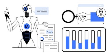 Robot veri tabloları ve metni sunuyor, profil incelemesi için büyüteç kullanıyor ve çubuk grafikleri gösteriyor. Teknoloji, yapay zeka, veri güdümlü çözümler, analitik, yenilik ve ticaret için ideal