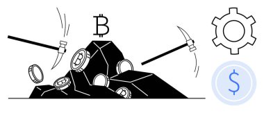 Kazmaların vurduğu taşlardan çıkan dijital paralar kripto para madenciliğini temsil ediyor. Engelleme zinciri ve dolar dişli ikonları teknoloji, finans ve sanal ekonomiyi vurguluyor. Fintech ve engelleme zinciri için ideal