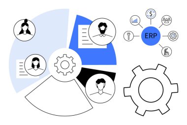 Kullanıcı simgeleri, ayar ekipmanları, belge sembolleri, iş simgeleriyle çevrili ERP merkezli dairesel grafikler. İş, iş akışı, veri akışı, ERP, takım çalışması entegrasyonu için ideal basit iniş sayfası