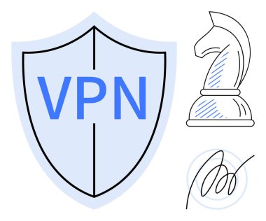 VPN etiketli kalkan güvenliği vurguluyor, satranç şövalyesi stratejiyi sembolize ediyor, imza dijital doğrulamayı gerektiriyor. Siber güvenlik, gizlilik, şifreleme, strateji, güvenli bağlantı için ideal