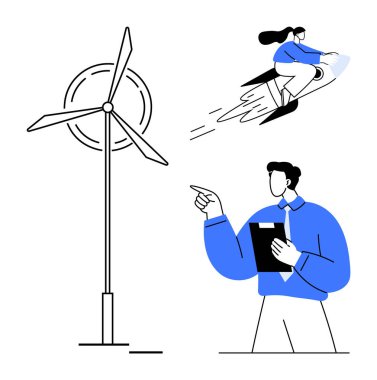 Temiz enerjiyi simgeleyen rüzgar türbini, başarıyı gösteren bir pano tutan profesyonel, rokette hızlanan kadın. Yenilik, liderlik, takım çalışması, teknoloji, enerji ve sürdürülebilir için ideal