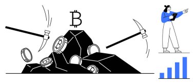 Kazmalar, bitcoin madenciliğini sembolize eden bir kayadan madeni para çıkarmalar, büyüme grafiğini analiz eden bir tabletle kadın analist. Engelleme zinciri, kripto para birimi, fintech, teknoloji, veri analizi için ideal