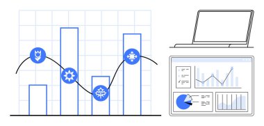 Mevsimsel sembollü bar tablosu, veri trend çizgisi ve ekranda dijital gösterge paneli. İş için ideal, veri analizi, tahminler, sunumlar, raporlar, araştırma sade iniş sayfası