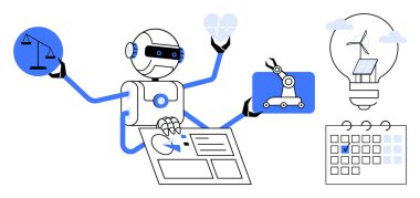 Enerji fikirleri, robot kolu, kalbi, adalet terazisi, veri tablosu ve takvimi olan robotlar. Yapay zeka için ideal, otomasyon sürdürülebilirliği sağlık hizmetleri yeniliği adalet planlaması. Basit düz