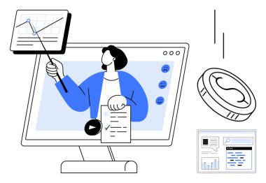 Bilgisayar ekranında büyüme grafiğini kontrol listesi, çalma tuşu, gülümseme simgeleri ve para ile sunan kişi. Eğitim için ideal, webinarlar, finans, e-öğrenme, iş büyümesi uzaktan çalışma basit