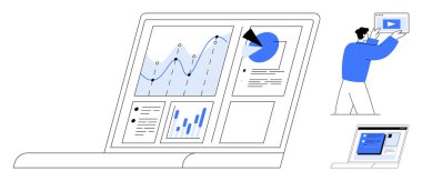 Dizüstü bilgisayarda satır, çubuk ve pasta görselleri de dahil olmak üzere birden fazla grafik ve grafik gösterilir. Bir insan video araması ile uzaktan iletişim kurar. Veri analizi, takım çalışması, üretkenlik ve uzak çalışma için ideal