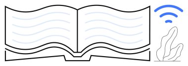 Akan çizgilerle, mavi kablosuz sinyal ikonu ve soyut yaprak tasarımı ile açık bir kitap. Eğitim, e-öğrenme, teknoloji, bilgi paylaşımı, uzaktan öğrenme, dijital kütüphane sade iniş için ideal
