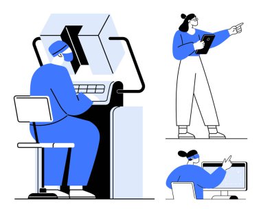 Makineyi çalıştıran bir işçi, tablet yöneten bir meslektaşı ve masaüstünde veri analiz eden bir ekip üyesi. Takım çalışması, teknoloji, işbirliği, analiz, ofis, yenilik için ideal.