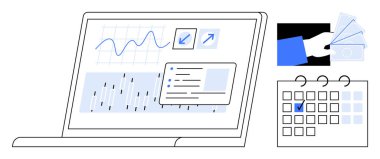 Grafikleri, okları ve kontrol listesini gösteren dizüstü bilgisayar, el ele tutuşan para ve işaretli bir takvimle eşleştirildi. Veri analizi, iş planlaması, mali yönetim, bütçe belirleme, programlama için ideal