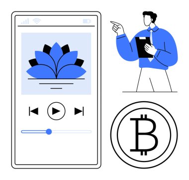 Nilüfer grafiği olan akıllı telefon ekranı, Bitcoin parası, klasör tutan profesyonel adam. Teknoloji, kripto para birimi, finans, eğitim, medya, strateji için ideal