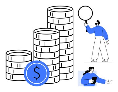 Bir dolar işaretli bozuk paralar servet gelişimini simgeler. Yan figürler bir büyüteç ve tablet içerir. Gösterge analizi, karar verme mekanizması ve keşif. Finans ve yatırım için ideal