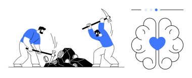 Kayaları kaynak olarak kıran iki birey, kalpten gelen beyin sembolünün yanında. İşbirliği, sıkı çalışma, yenilik, problem çözme, kararlılık, takım çalışması, basit iniş için ideal