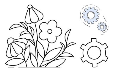 Çiçekler yapraklarla mekanik dişlilerle birleşince doğa ve teknoloji arasında bir uyum oluşturuyor. Sürdürülebilirlik, eko-teknoloji, yenilik, büyüme, gelişme, yaratıcılık, basit