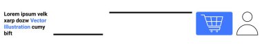Modern e-ticaret, kimlik ve etkileşimli dijital deneyimler için kullanıcı profili taslağı ve yer tutucu metin ile birlikte mavi alışveriş arabası simgesi. UX tasarımı, uygulamalar, online alışveriş kavramları için ideal