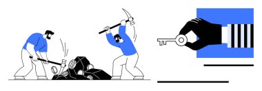 İşçiler taşları kırmak için kazma kullanıyorlar, anahtar tutan bir eli ortaya çıkarıyorlar. Takım çalışması, problem çözme, zorluklar, başarı, devamlılık, keşif motivasyonu için idealdir. Basit düz metafor kullanılıyor