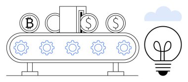 Taşıyıcı bant işleme kripto para ve dolar sikkeler, banknotlar, vitesler ve bir ampul. Fintech, engelleme zinciri, yenilik, otomasyon teknolojisi iş yatırımları için idealdir. Düz basit