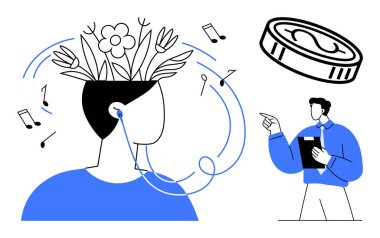 Çiçekli kulaklık takan biri yaratıcılığı simgeliyor dağınık müzik notaları ilham veriyor kavramsal fikirlerle çevrili mali tartışmalara işaret ediyor. İdeal
