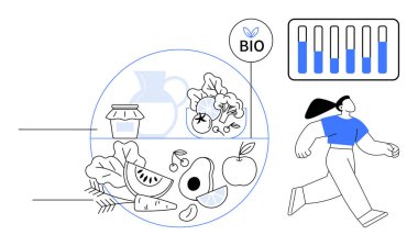 Taze meyve, sebze, kavanoz, biyo etiketi, bar çizelgesi ve yürüyen kadın sağlığı, sürdürülebilirliği ve canlılığı ifade eder. Sağlıklı beslenme, organik gıda eko-yaşam için ideal.
