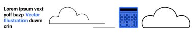 Veri transferini temsil eden iki bulut arasında hesap makinesi bağlandı. Teknoloji, bulut hesaplama, finans, eğitim, ağ, dijital araçlar için ideal, basit iniş sayfası