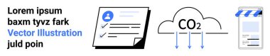 Profil simgesine sahip evrak işleri listesi, karbondioksit emisyonu bulutta aşağı bakan oklar ve dijital mağaza önü konsepti. Sürdürülebilirlik, evrak işleri, çevrimiçi iş, ekoloji ve karbon için ideal