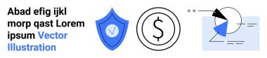 Koruma kalkanı, para için dolar işareti, analiz için pasta grafiği, temiz metinle tamamlanmış. Finans, bankacılık, siber güvenlik, analiz, tasarruf sigortası için ideal