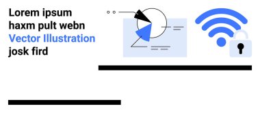 Soyut şekiller, asma kilitli kablosuz sinyal güvenliği vurguluyor ve geometrik grafikler temayı destekliyor siber güvenliği, bağlantıyı, analitiği, korumayı, teknolojiyi, yeniliği, basit