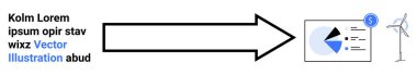 Turta grafiği ve rüzgar türbini ile veri analizlerine doğru akan ok enerji verimliliğini ve finansal sezgileri sembolize ediyor. İş stratejisi, sürdürülebilirlik ve enerji geçişi için ideal