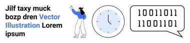 Metne, analog saate ve ikili konuşma balonuna doğru hareket eden kadın iletişimi, kodlamayı, zaman yönetimini vurguluyor. Teknoloji, zaman, iletişim araçları veri değişimi işi için ideal
