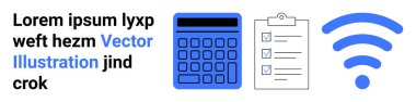 Mavi hesap makinesi, işaretli kontrol listesi panosu, kablosuz sinyal simgesi. Teknoloji, üretkenlik, planlama, organizasyon, ağ oluşturma, eğitim sektörü temaları için ideal basit iniş sayfası
