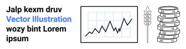 Yukarı doğru eğilimi gösteren çizgi grafiği, tarımı sembolize eden buğday sapı, ve finans için birikmiş paralar. Ekonomi, tarım, yatırım, tasarruf, analiz, basit iniş sayfaları için ideal