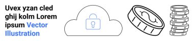 Siber güvenlik için asma kilitli bulut, dijital para için bozuk para yığını ve güvenli finans. Güvenlik, veri yönetimi, teknoloji, fintech, çevrimiçi işlemler ve bulut depolama için ideal