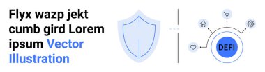 Merkezi olmayan DeFi ikonu ve güvenlik, güven, engelleme zinciri ve veri korumasını gösteren ağ bağlantılarının yanındaki mavi kalkan. Finans, siber güvenlik, engelleme zinciri ve basit