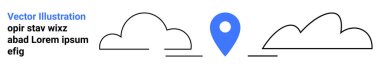 Mavi konum işareti iki basit bulut çizgisi arasında ortalanmış. Navigasyon, hava, seyahat, teknoloji, konum hizmetleri, GPS, minimal tasarım, basit iniş sayfası