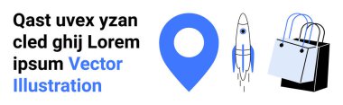 Mavi lokasyon iğnesi, roket fırlatma ve alışveriş çantası kombinasyonu. Lojistik, navigasyon, perakende, girişim, pazarlama yeniliği ve e-ticaret için ideal. Temiz düz iniş sayfası afişi