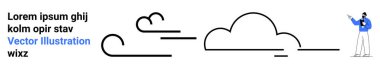 Yapılandırılmış metnin yanında uçan minimalist bulut tasarımları sunan kişi. Eğitim, öğrenim, yaratıcılık, iş, takım çalışması, dijital içerik ve basit iniş sayfası için ideal
