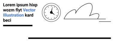 Saat, yapılandırılmış metin elemanları ve kalın çizgiler tarafından çerçevelenmiş soyut bulut şekilleriyle yan yana. Zaman yönetimi için ideal, asgari tasarım, basitlik, üretkenlik, organizasyon, posterler, basit